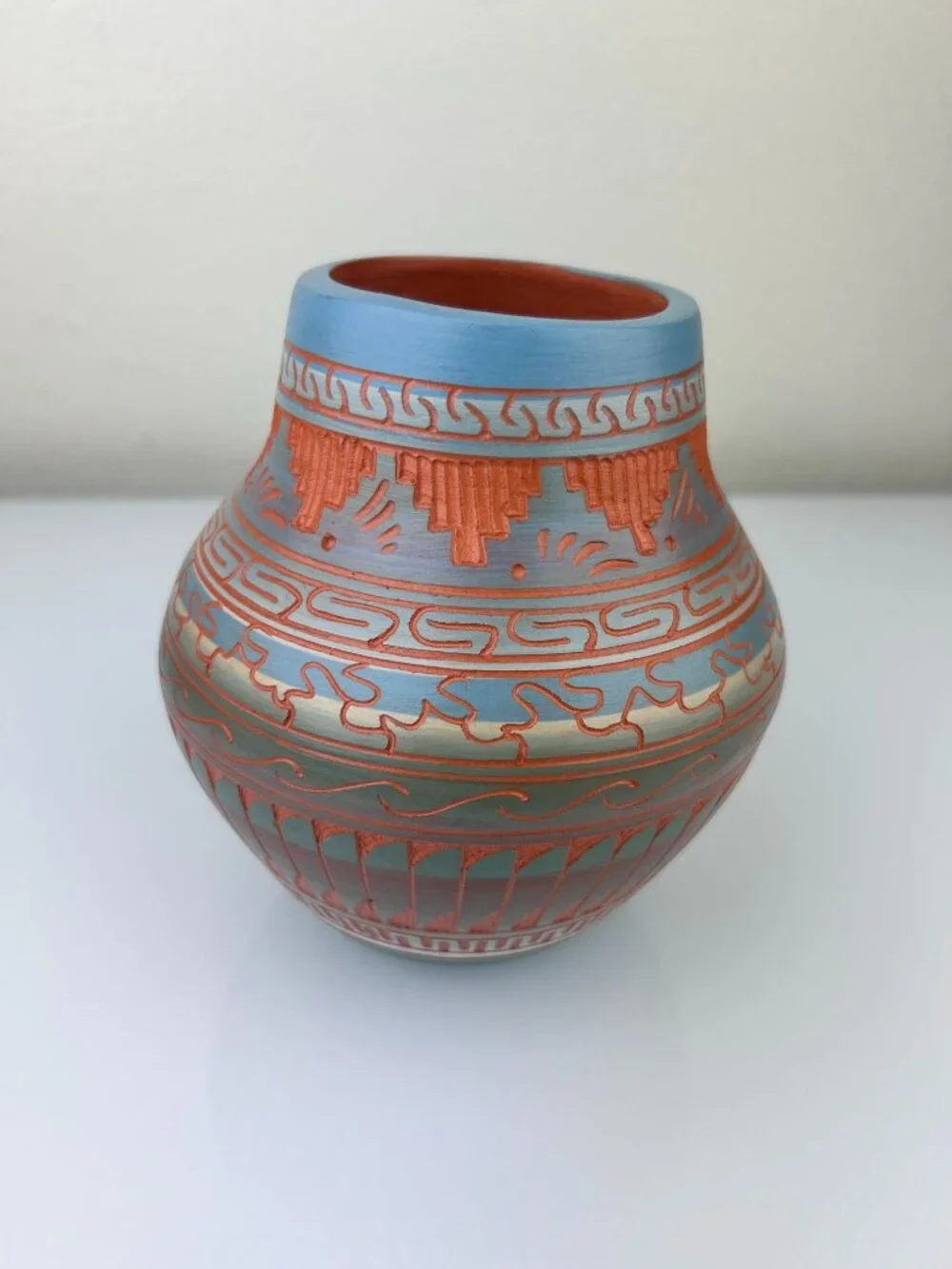 Navajo Pottery Vase Terracotta Red Clay Etched Blue Orange Teal 6